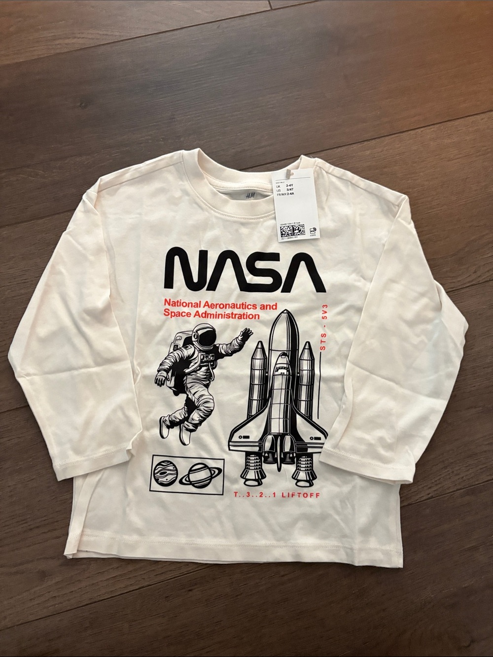 H&M White Long-Sleeve NASA Graphic Tee with Black & Red Print